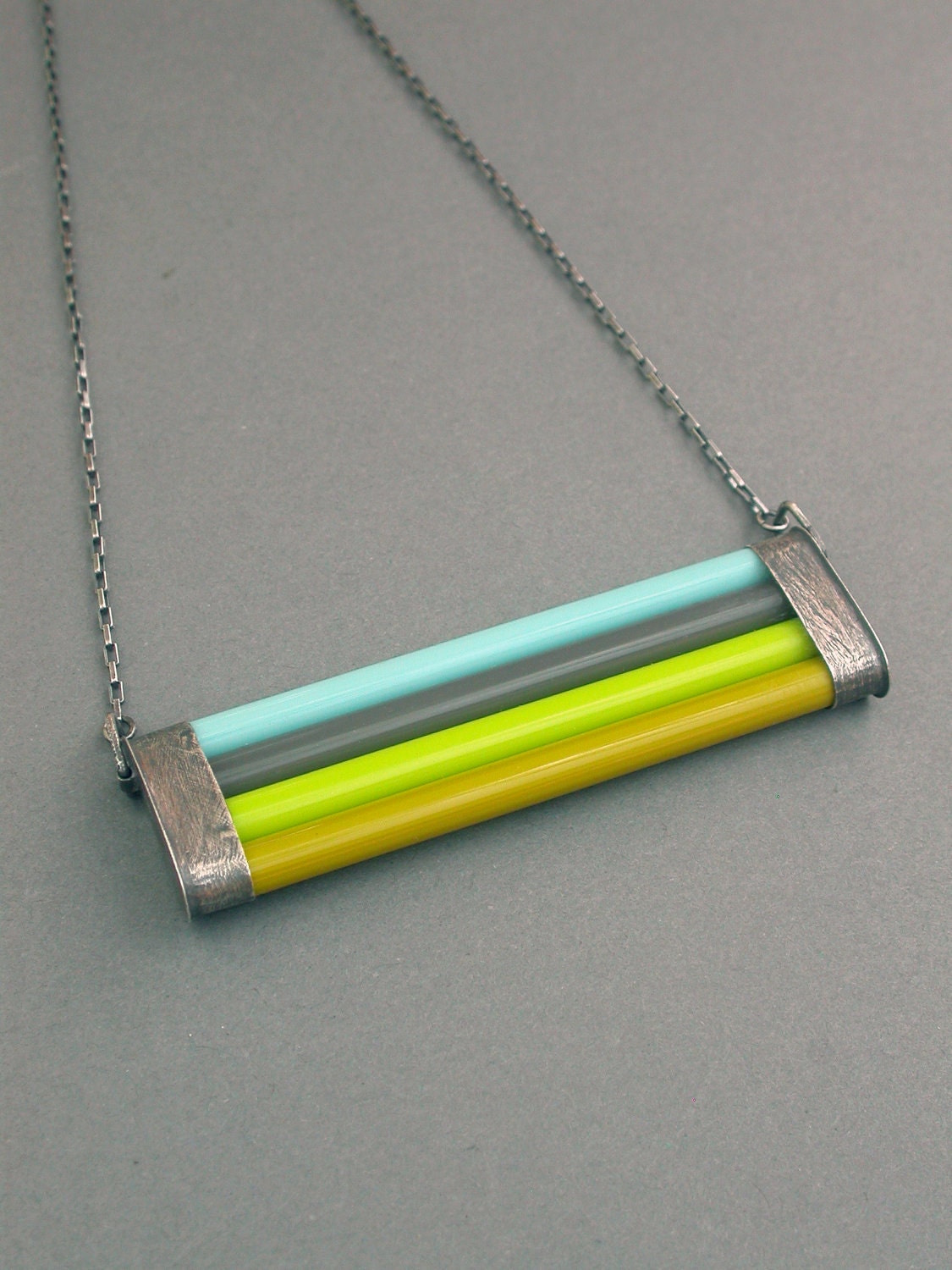 glass necklace glass cane bright oxidized sterling geometric modern bold eclectic jewelry acid green lime slate gray turquoise wearable