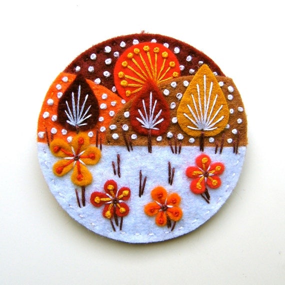 SNOWSCAPE felt flower brooch - hand made with freeform embroidery special edition for christmas