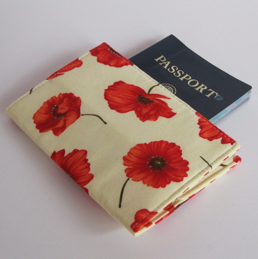 Passport Fabric Case Cover - Red Poppies on Cream