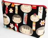 Fabric Zippered Pouch Clutch Bag - Black Yui Kokeshi