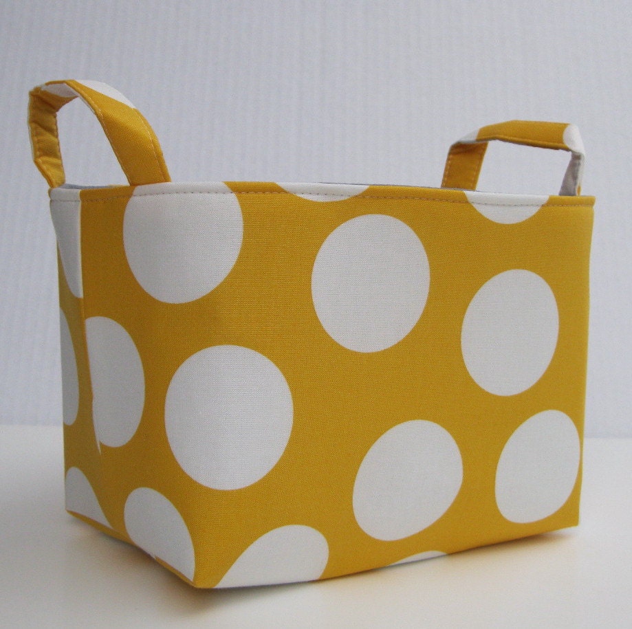 Storage and Organization - Fabric Organizer Bin Container Basket - Sunshine Yellow with Large White Dots