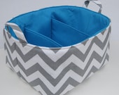 Ash Gray/Grey and White Chevron Fabric Diaper Caddy - Storage Container Organizer Bin Basket  - with Dividers/Separators - 3 Compartments