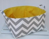 Diaper Caddy - Storage Container Organizer Bin Basket with Dividers  - Ash Gray / White Slub Chevron Fabric - Yellow Lining