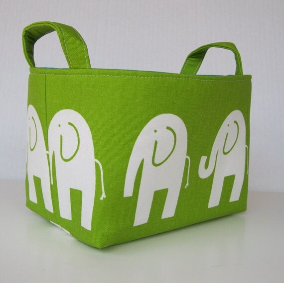 Storage Organization Fabric Organizer Bin Container Basket - Ele Elephant - White on Chartreuse Green