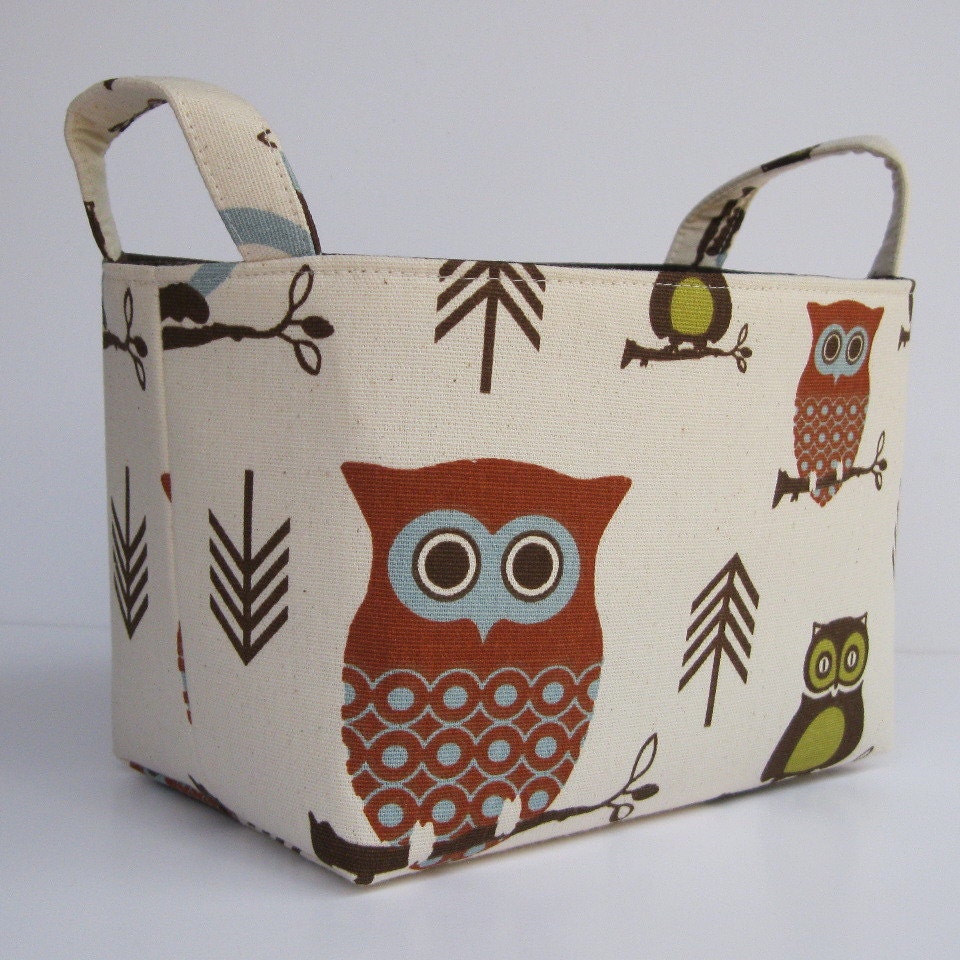 Storage and Organization - Fabric Organizer Bin Basket Container - Hooty Owl - Natural