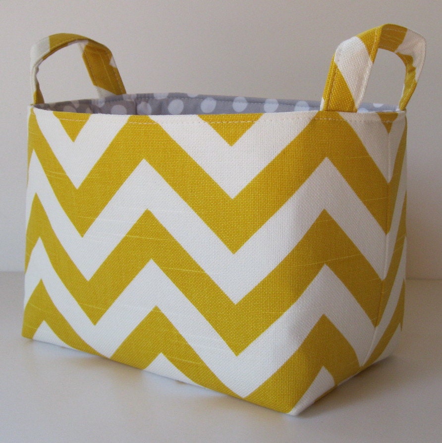 Storage and Organization - Desk Organizer Fabric Container Basket Bin - Corn Yellow and White Slub Chevron