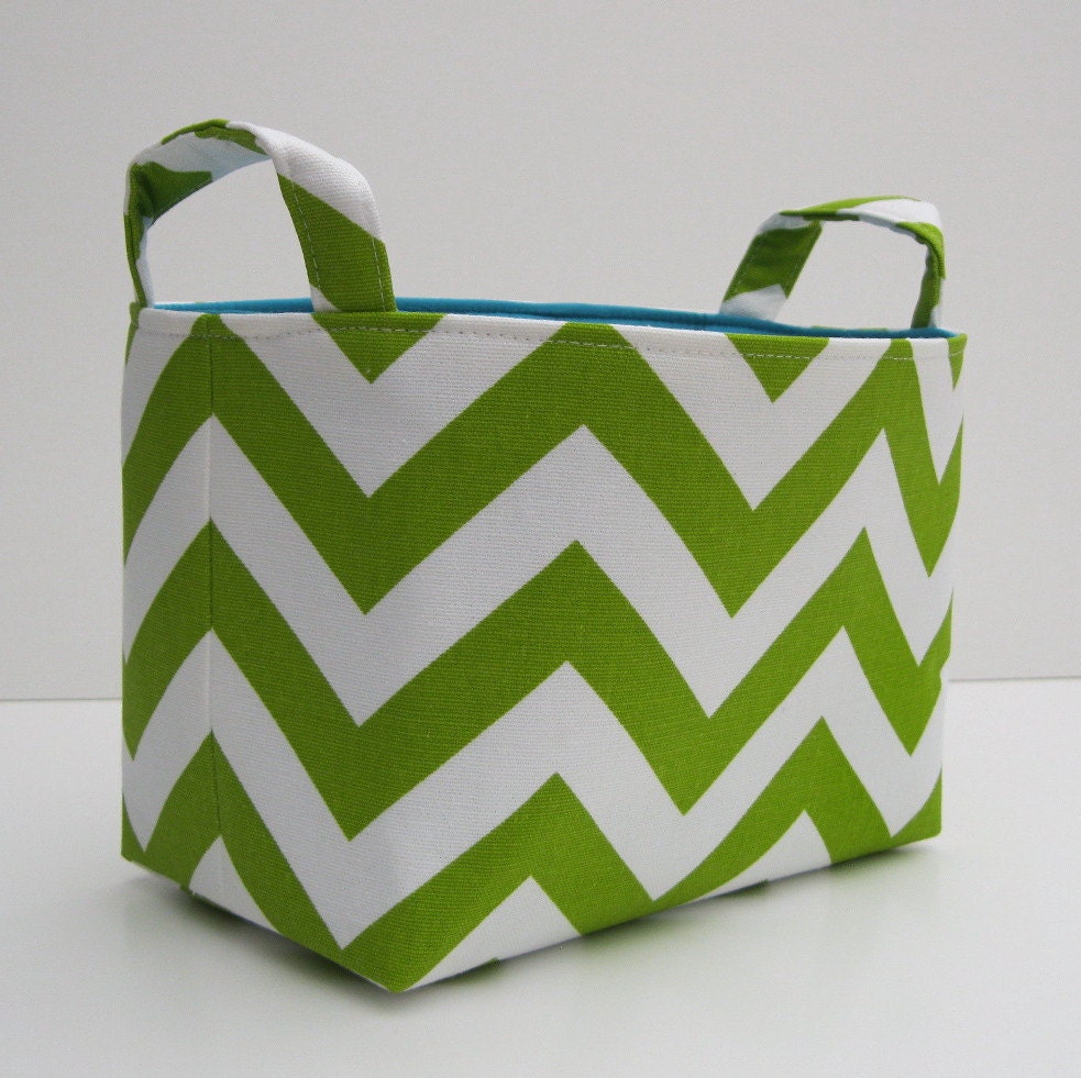 Fabric Organizer Storage Bin Container Basket - Lime Green and White Chevron