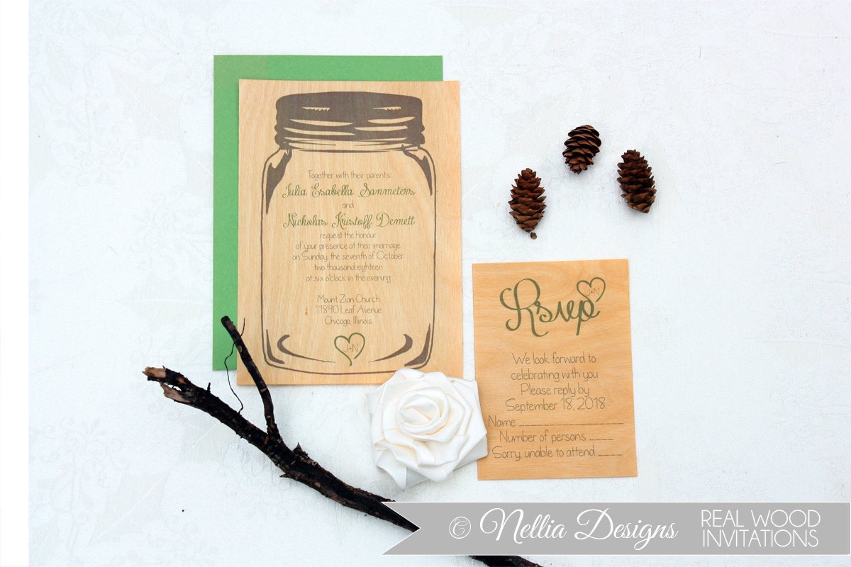 Real Wood Mason Jar Custom Wedding Invitations