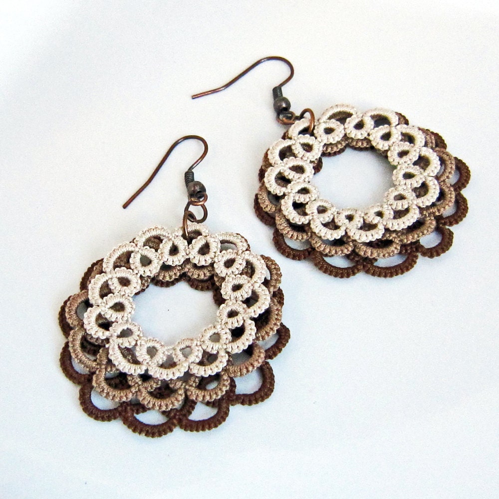 Earrings . Lace . Tatted Circle Layers . Brown Espresso Mocha Latte  . FREE SHIPPING