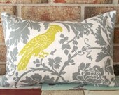 Decorative Pillow Cover - Gray Grey Citron Dijon Mustard Yellow Bird Toile - 12 x 16 Lumbar Cushion - Baby Nursery Decor