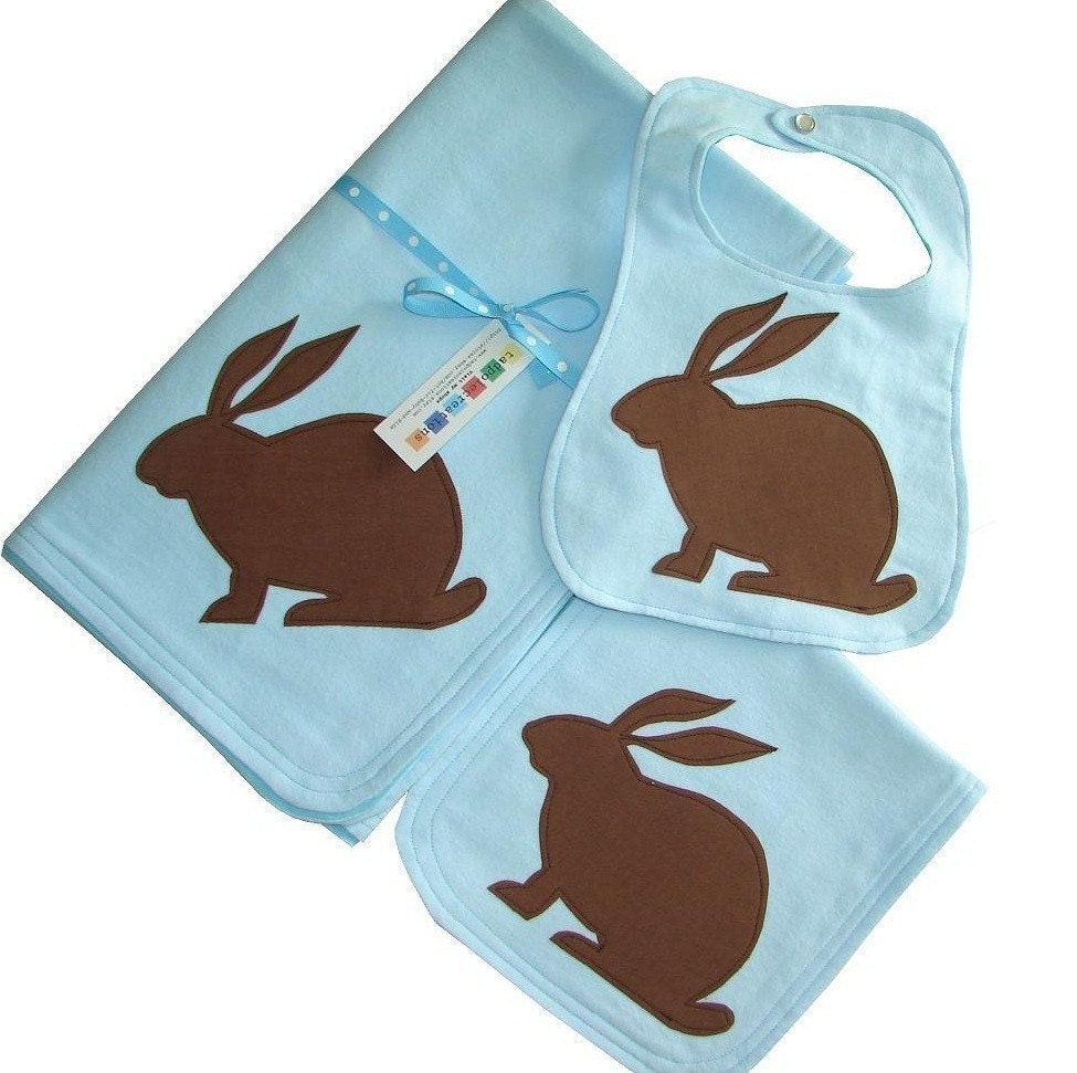 Modern Bunny Baby Boys 3 Piece Gift Set in Blue and Chocolate Brown - Blanket Bib Burp Cloth