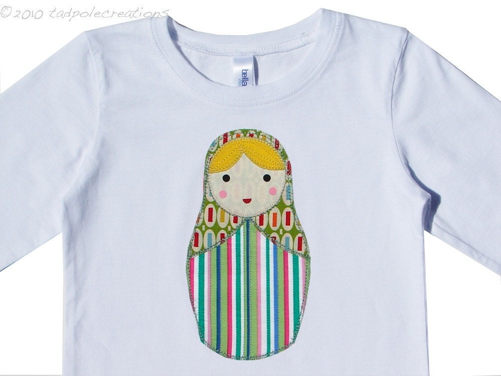 Toddler Girls Matryoshka Russian Babushka Doll Shirt - 2T, 3T, 4T Sizes Available - Blond with Stripes - Long Sleeves