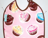 Pink Cupcake Baby Bib - handmade, dessert, infant, toddler, feeding, brown, yellow, birthday