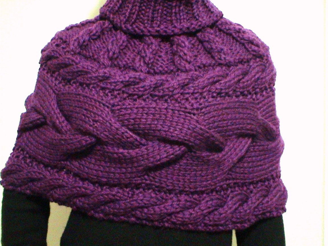 Hand  Knit  Shawl Poncho Cape  with cables and high collar  Best  Quality  Peruvian Wool  ready to ship  in plum color