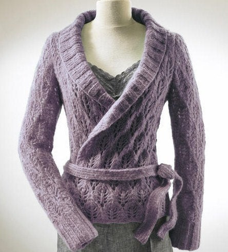 Hand Knit Cardigan Jacket  with Leaf Pattern From Alpaca cloud Yarn  Pick your color