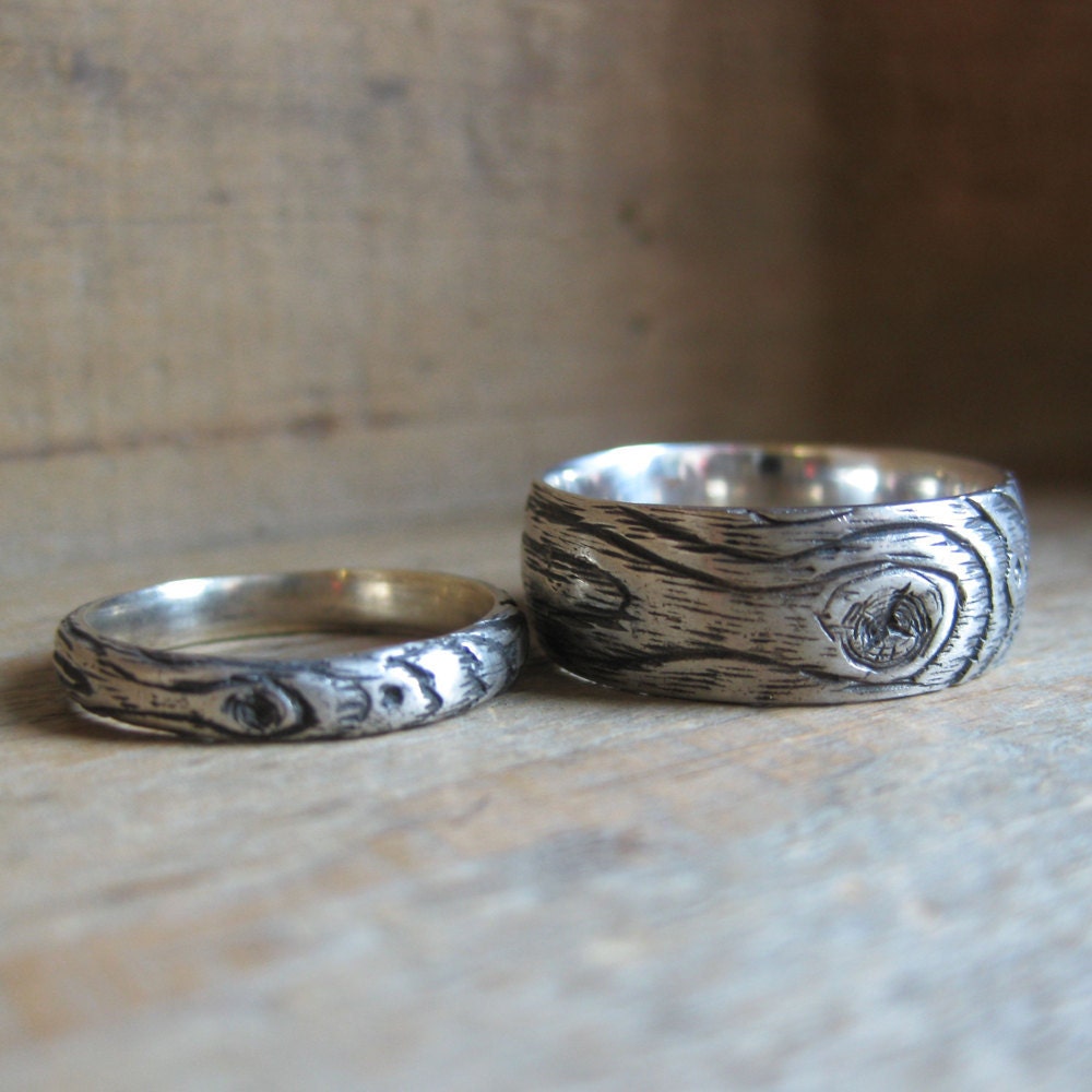 wood grain ring PLYWOOD sterling silver SET faux bois