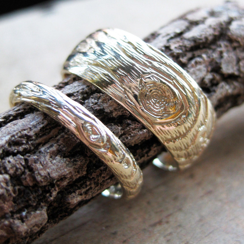 wedding band set GOLD wood grain PLYWOOD 14 kt yellow faux bois, made to order