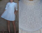 1960s Vintage white cotton babydoll MINI dress GORGEOUS lace trim 3/4 sleeves
