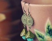 Olive & Teal Floral Brass Earrings