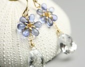 Blue Sapphire Earrings Flower Clear Crystal September Birthstone 18 karat solid gold