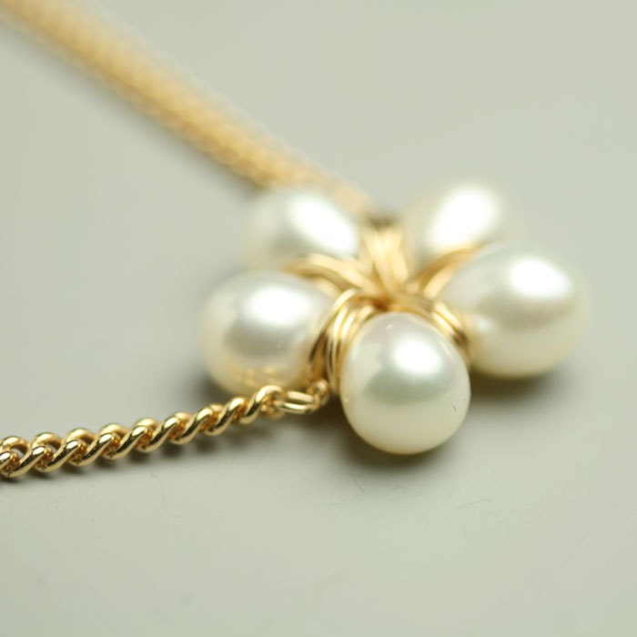 Pearl Flower Necklace in Gold Fill Wedding Bride Bridesmaid