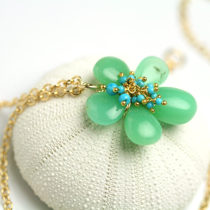 Chrysoprase Flower Necklace with Turquoise Cluster Gold Fill
