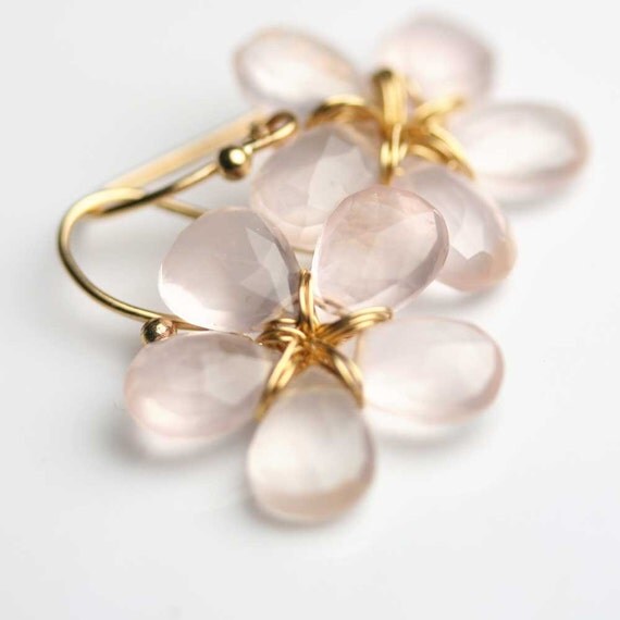 Rose Quartz Flower Earrings Wire Wrapped Earrings Pink Flower