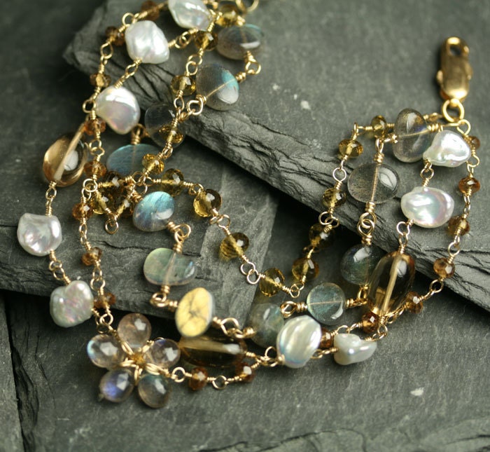 Multi Strand Bracelet Labradorite Quartz Keshi Pearl Gold Fill