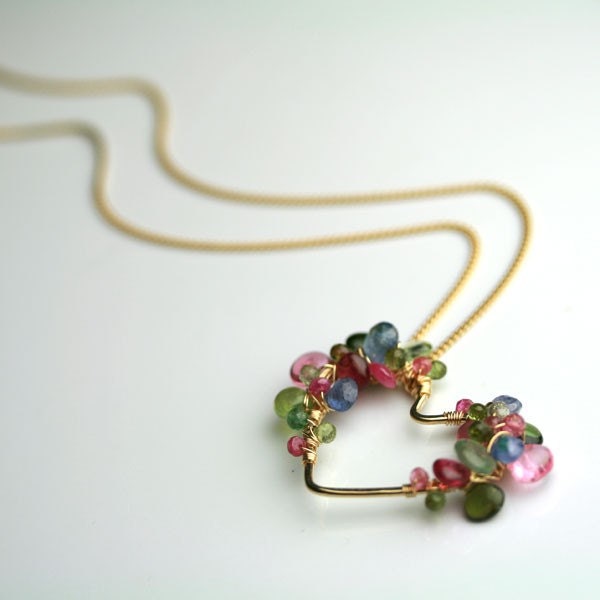 Tourmaline and Tanzanite Gem Encrusted Heart Necklace