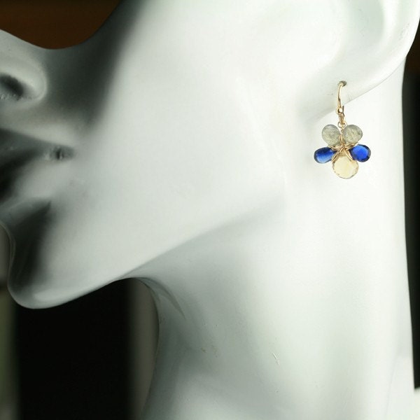 Royal Blue Kyanite, Champagne Citrine and Labradorite Flower Earrings