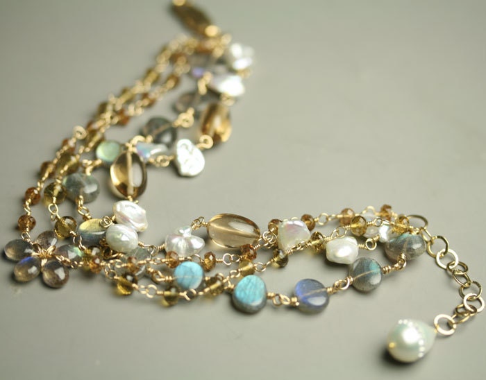 Multi Strand Bracelet Labradorite Quartz Keshi Pearl Gold Fill