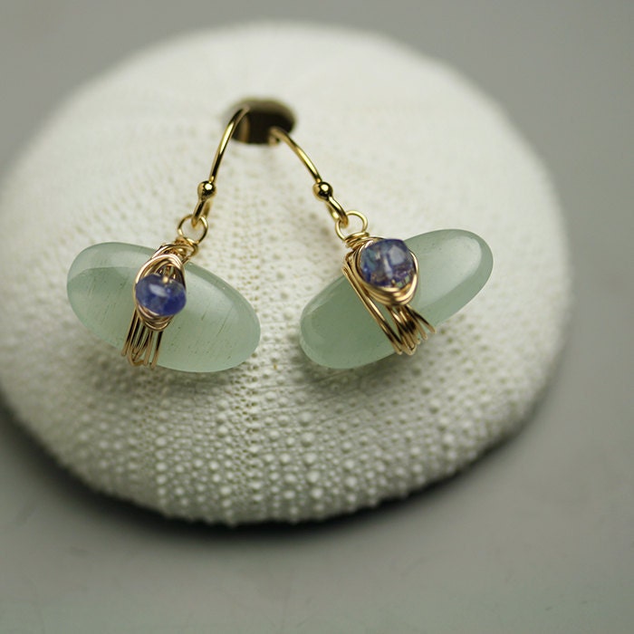 Aquamarine Pebble Earrings with Tanzanite Rondelle in Gold Fill
