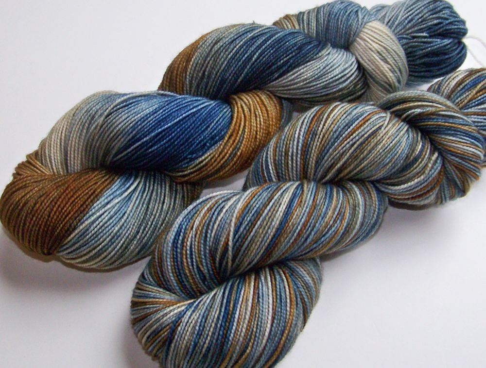 Hand Painted 2-Ply Superwash Merino and Nylon Sock/Fingering Yarn -- Blue Jeans and Barn Wood