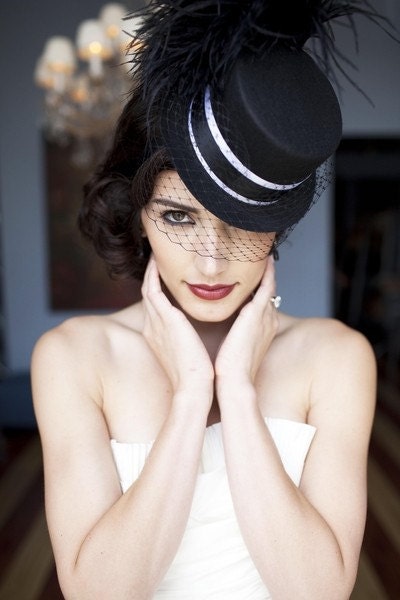Black veiled mini top hat with black/white ribbon and stunning ostrich feathers