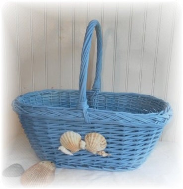 Upcycled Shabby Blue Beach Cottage Seashell Basket - Seaside Beach Decor