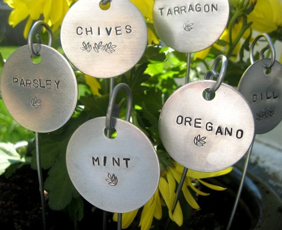 garden markers - hand stamped  1-1/2" round.... qty 6