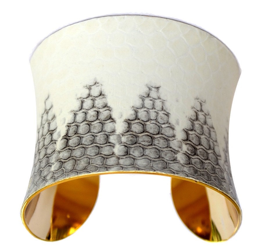 Snakeskin Cuff Bracelet - Gold Lined White Honeycomb Cathedral Cut by UNEARTHED