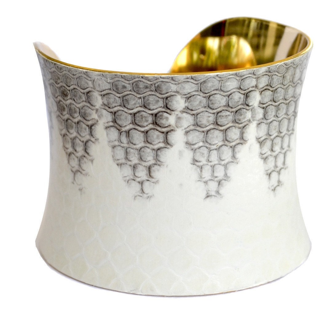 Snakeskin Cuff Bracelet - Gold Lined White Honeycomb Cathedral Cut by UNEARTHED