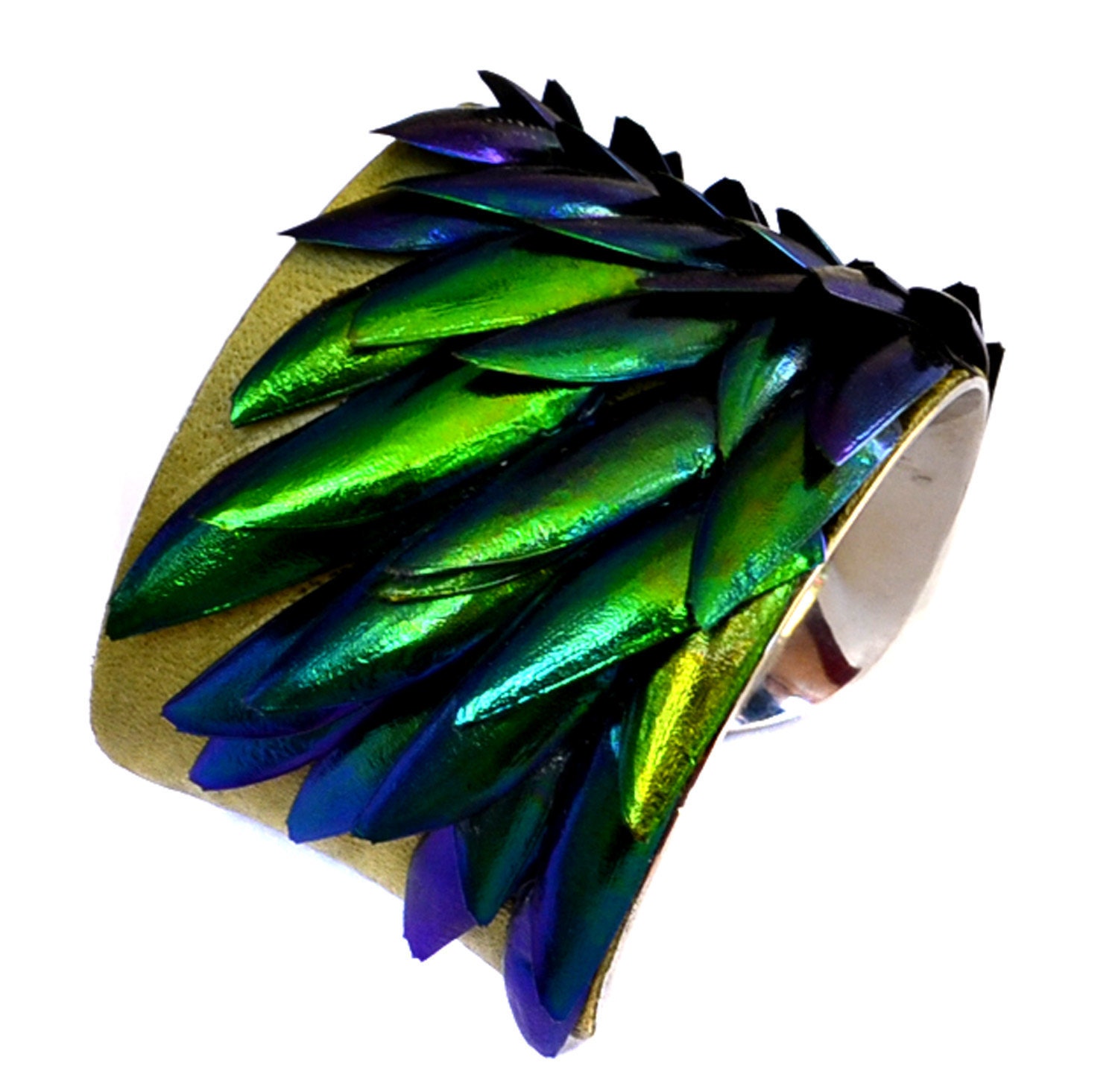 Jewel Beetle Wing Silver Lined Cuff Bracelet - by UNEARTHED