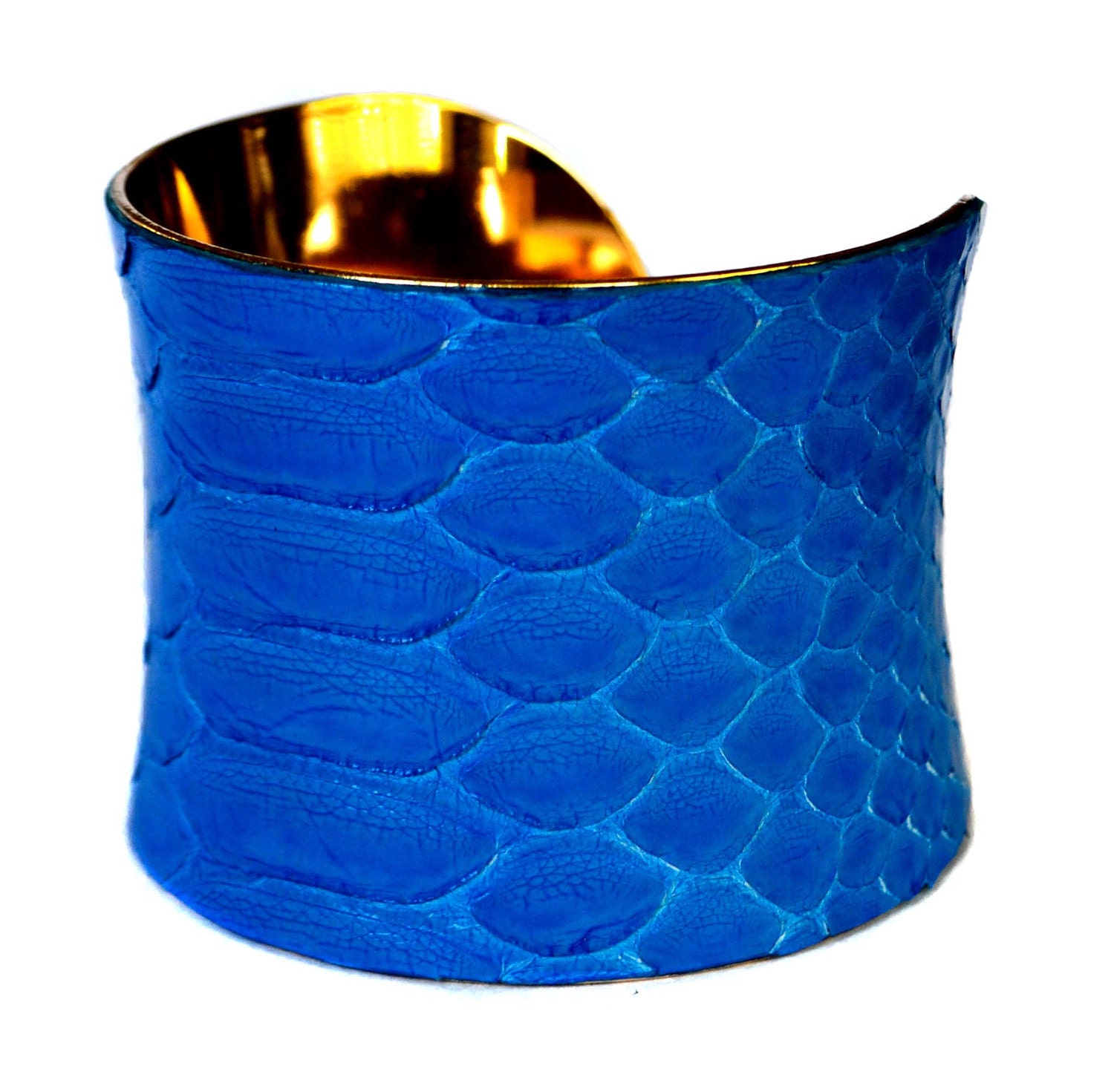 Bright Blue Snakeskin Gold Lined Cuff Bracelet - by UNEARTHED