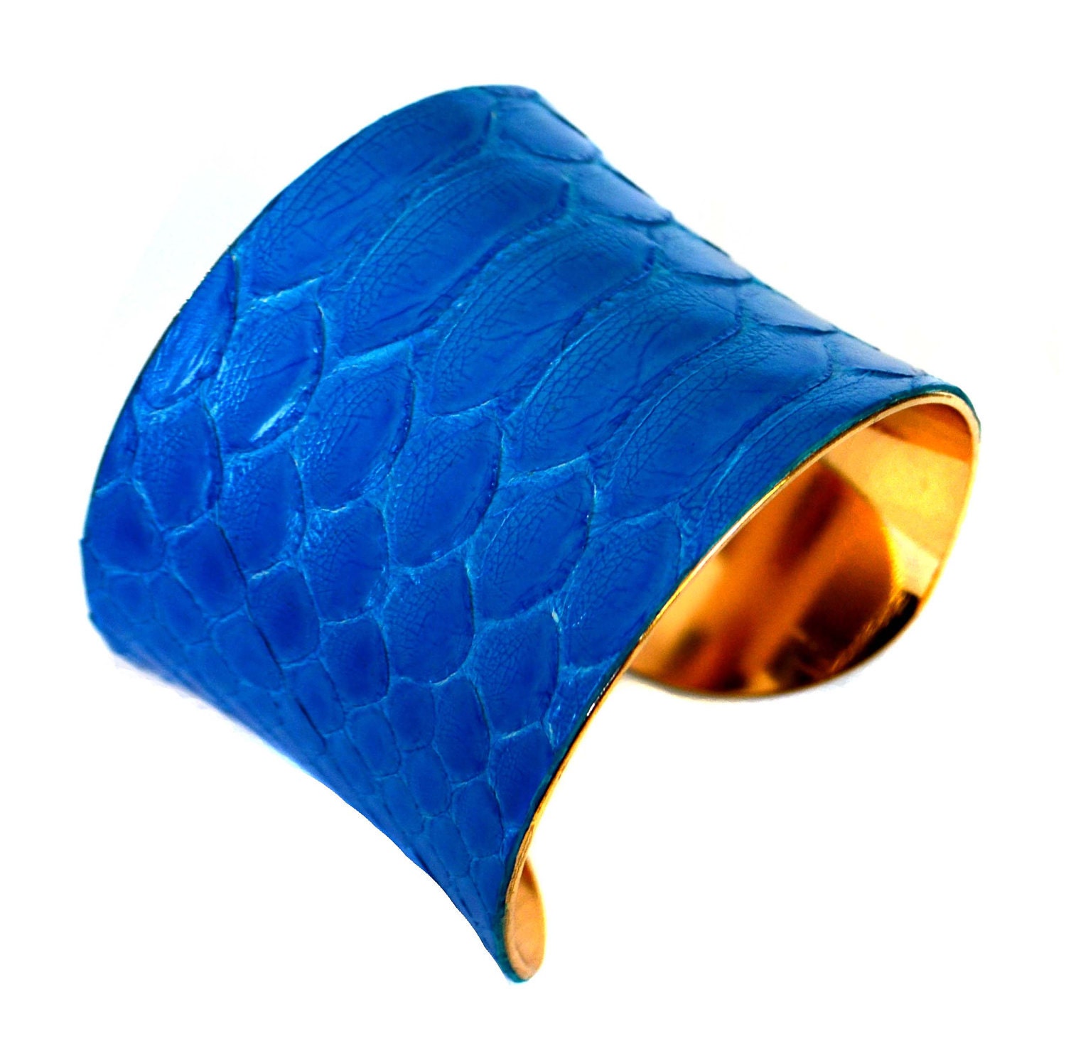 Bright Blue Snakeskin Gold Lined Cuff Bracelet - by UNEARTHED
