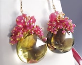 14k Solid Gold Hot Pink Tourmaline Earrings with Sapphires, Bi-color Quartz and Citrine