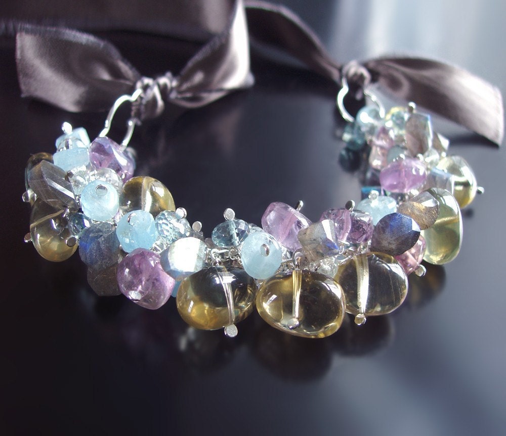 Statement Bib Necklace with Amethyst, Labradorite, Aquamarine, and Vintage Silk Ribbon