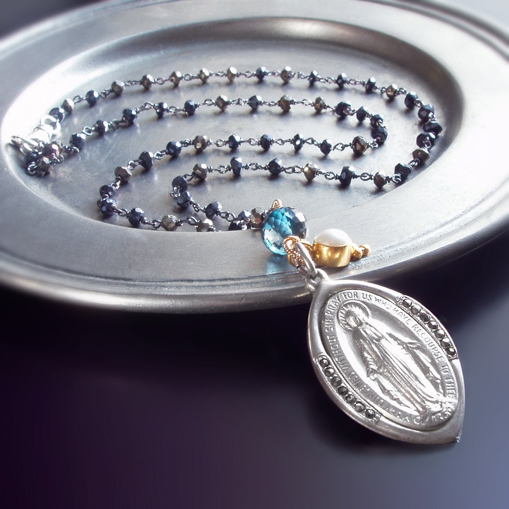London Blue Topaz Necklace With Black Spinel, Pearl Charm, and Vintage Medallion
