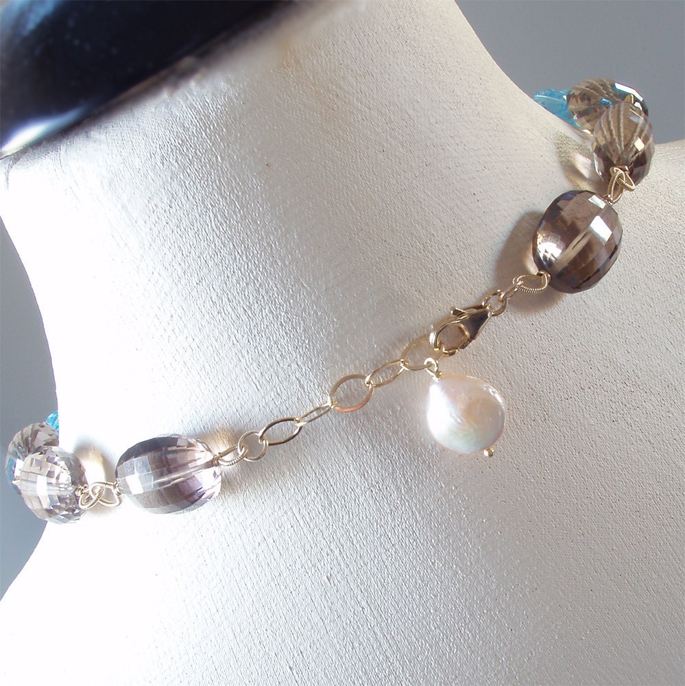 RESERVED - Statement, Bib Necklace with Swiss Blue Topaz, Smoky Quartz, and Pearl