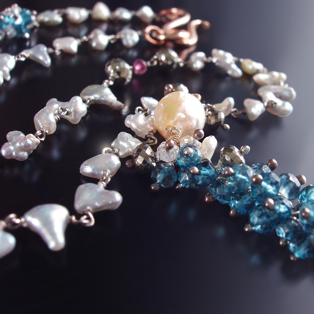 RESERVED - Vintage Sparrow Necklace with Japanese Saltwater Keishi Pearls, London Blue Topaz, Pink Sapphire, and Pyrite
