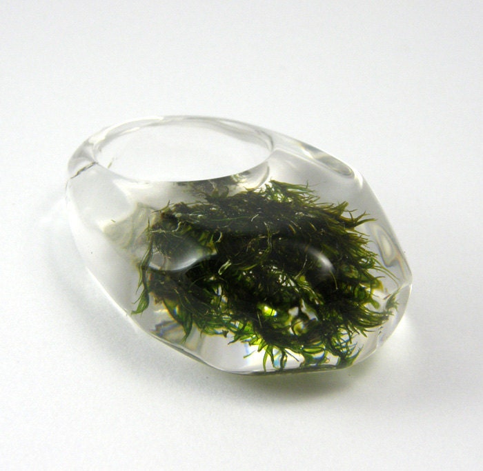 Clear resin ring with green moss