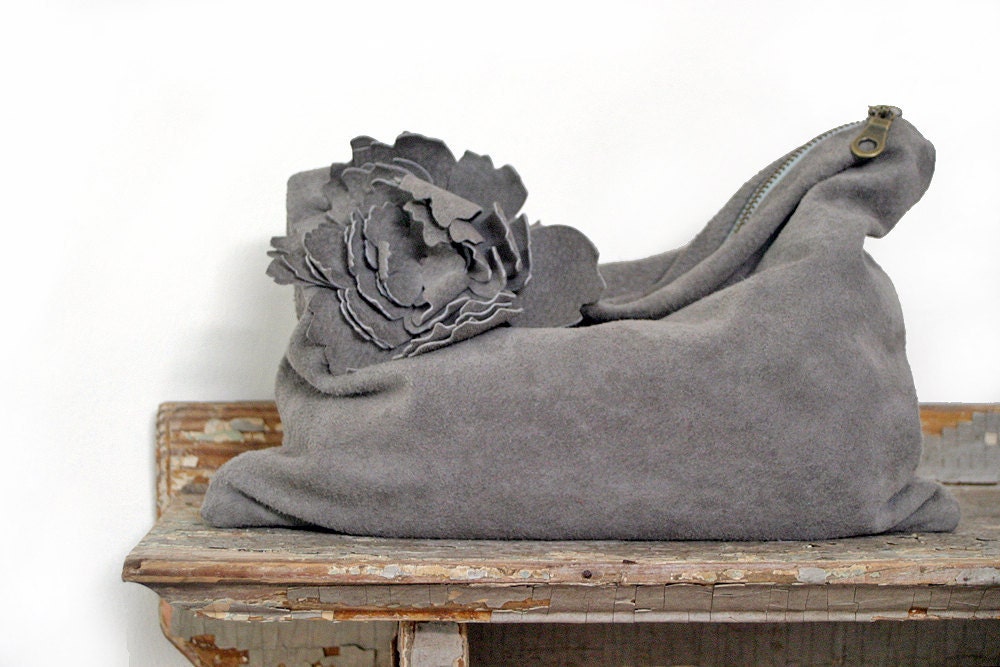 Boho chic grey slouchy suede zip clutch, fashion handbag, clutch purse