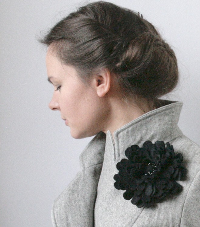 Black Night Sparkles Dahlia -- Felt Flower Brooch -- Hand felted wool -- Size Large
