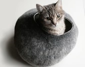 Cat Nap Cocoon / Cave / Bed / House / Vessel - Hand Felted Wool - Crisp Contemporary Design - READY TO SHIP Warm Gray Stone